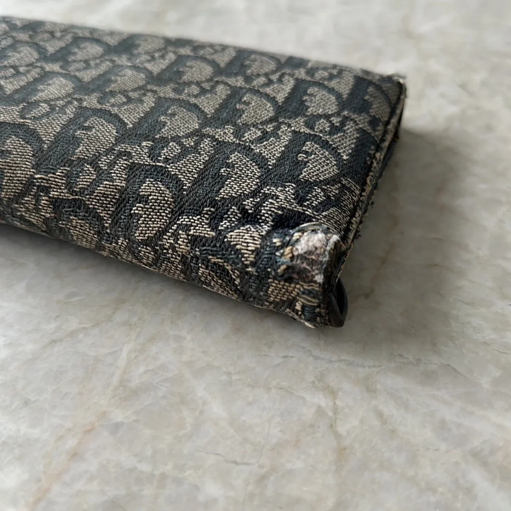 Christian Dior Large Denim Blue Gold Monogram Clutch Wallet